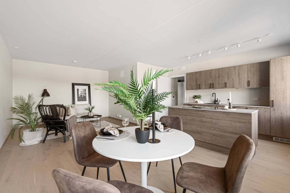 Profesjonelt stylet stue i nybygg med moderne sofa, salongbord og planter