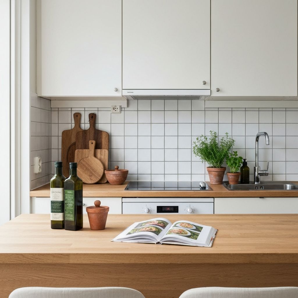 Stilrent kjøkken med trefjøler, friske urter og kokebøker som skaper hjemlig atmosfære