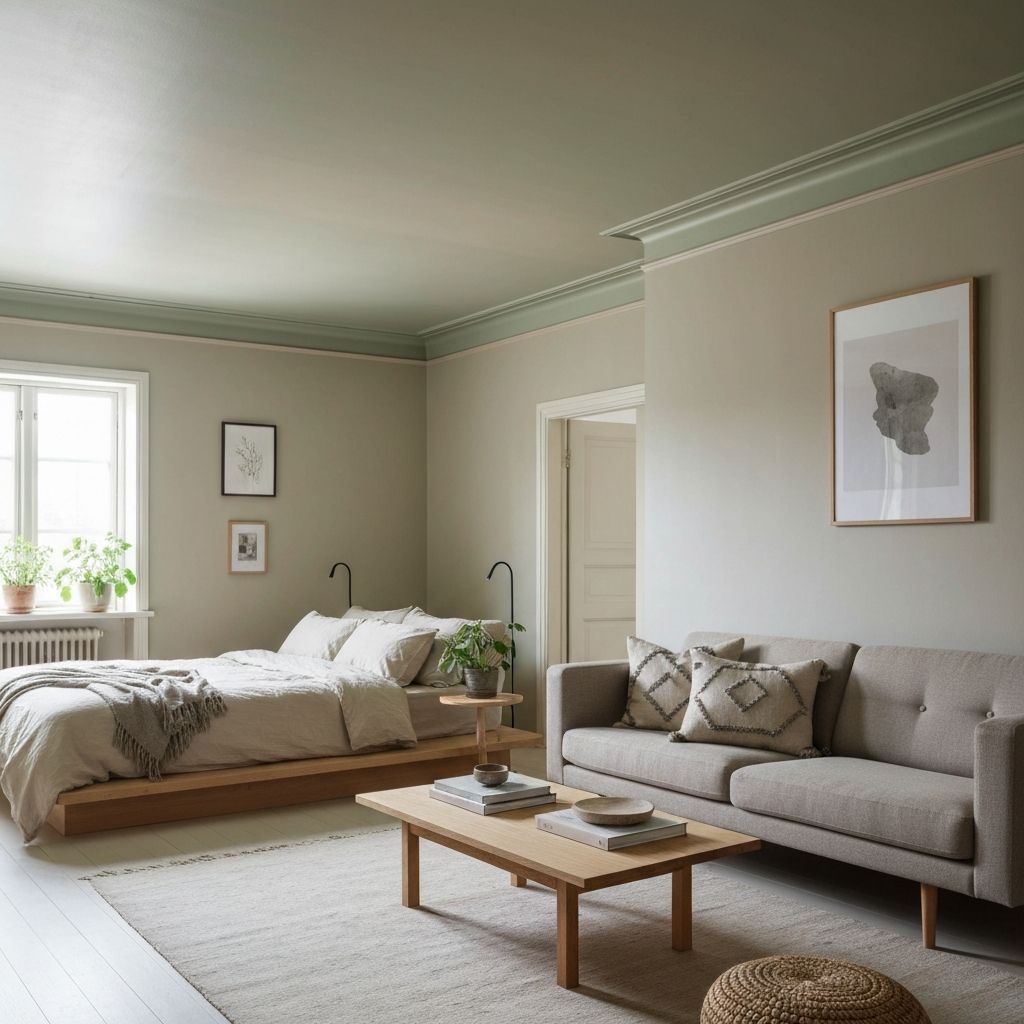 Nymalt rom med vakre vegger i dempet farge som skaper romfølelse og harmoni