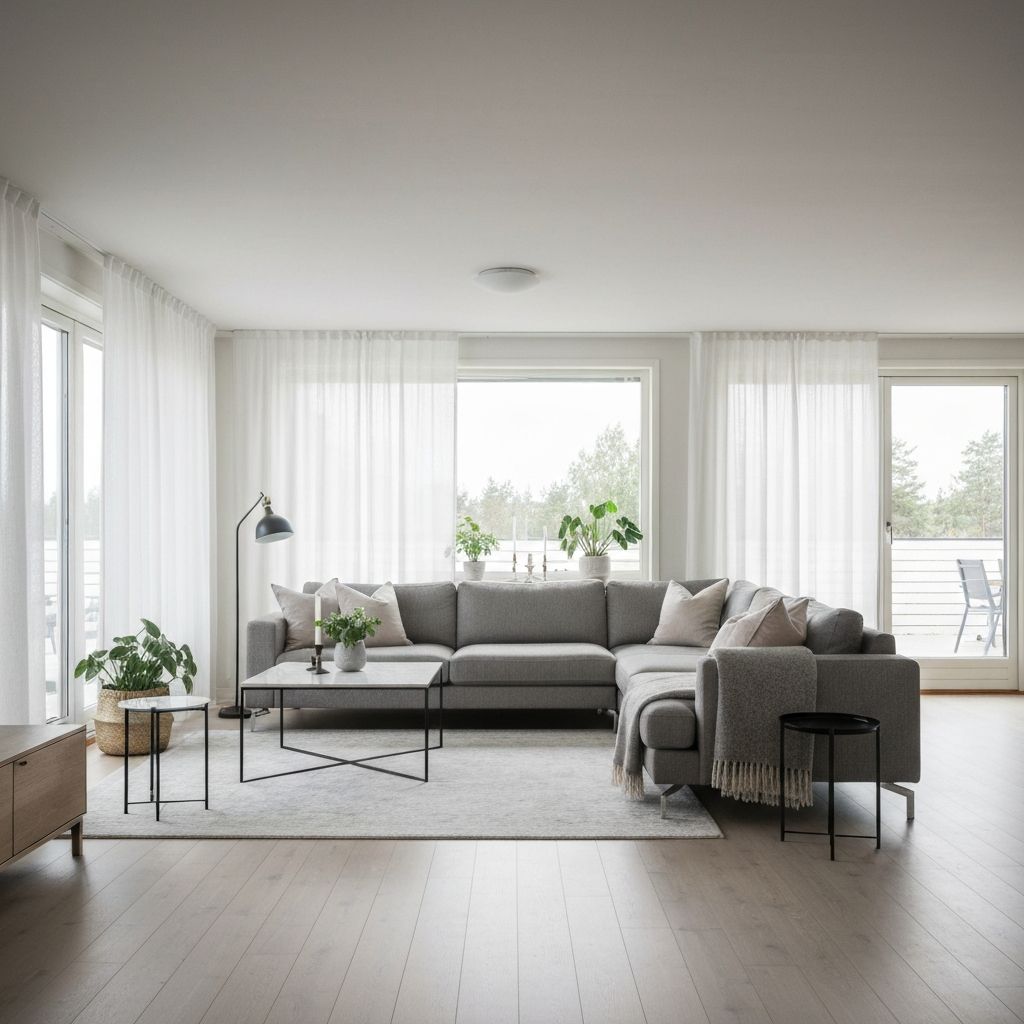 Luftig skandinavisk stue med speil som reflekterer lys og skaper god romfølelse