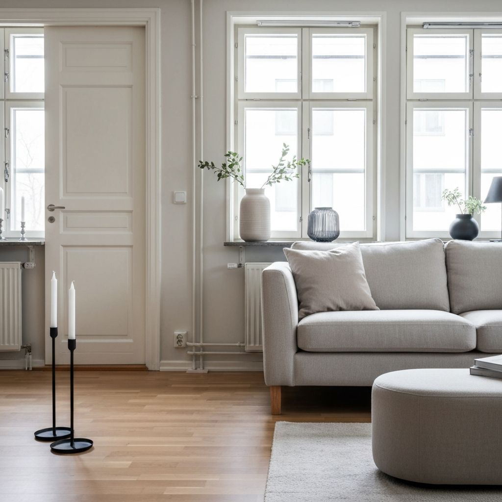 Ryddig og organisert stue etter boligstyling med minimalistisk innredning og nøye utvalgte dekorasjoner