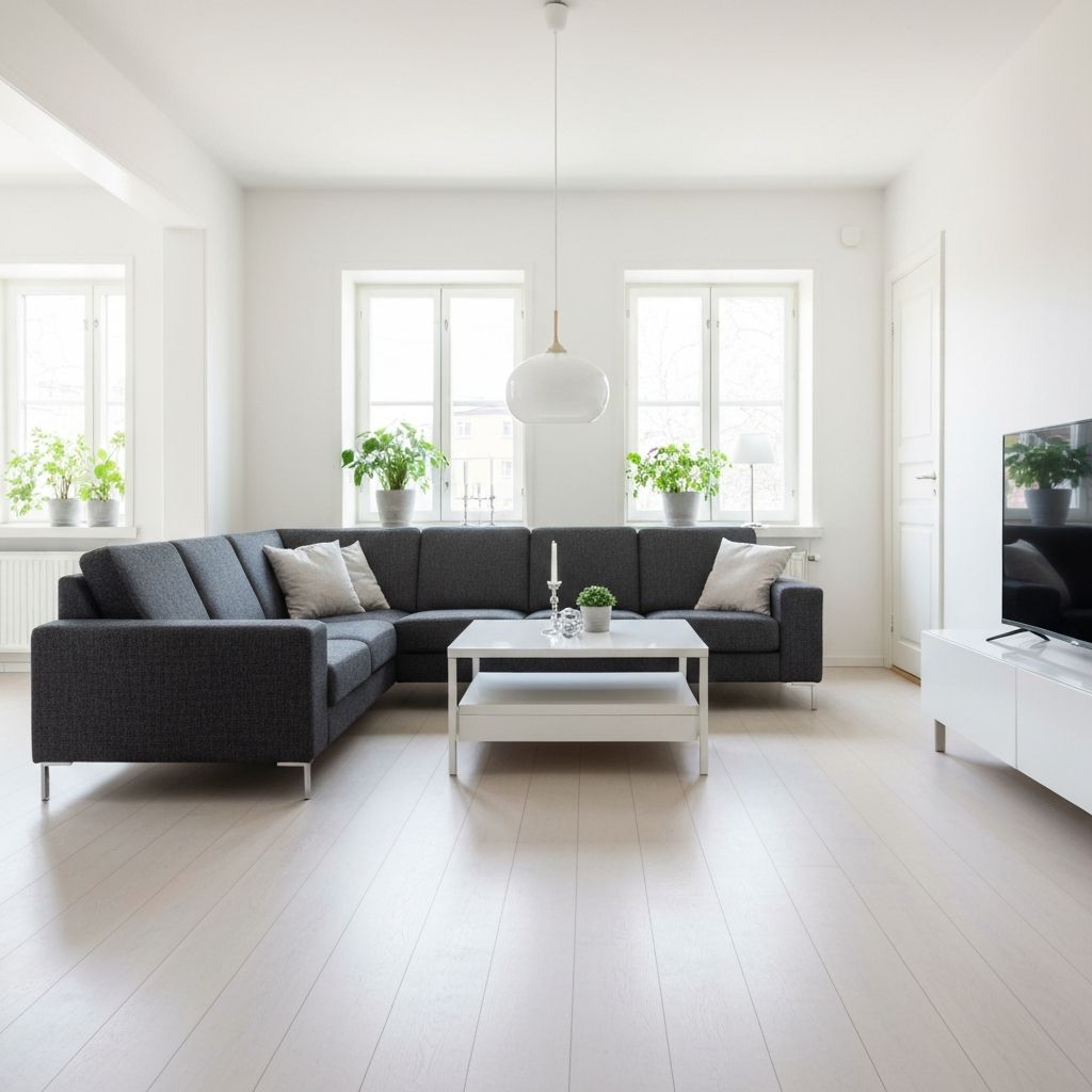 Romslig stue med minimalistisk møblering som viser boligens potensial