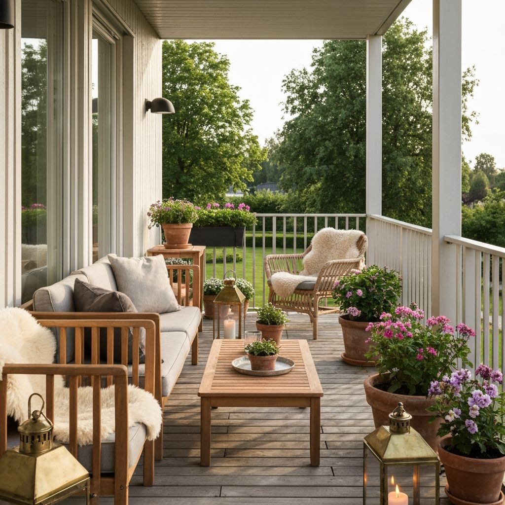 Innbydende uteplass med utemøbler, lyslykter og blomsterkrukker klar for visning
